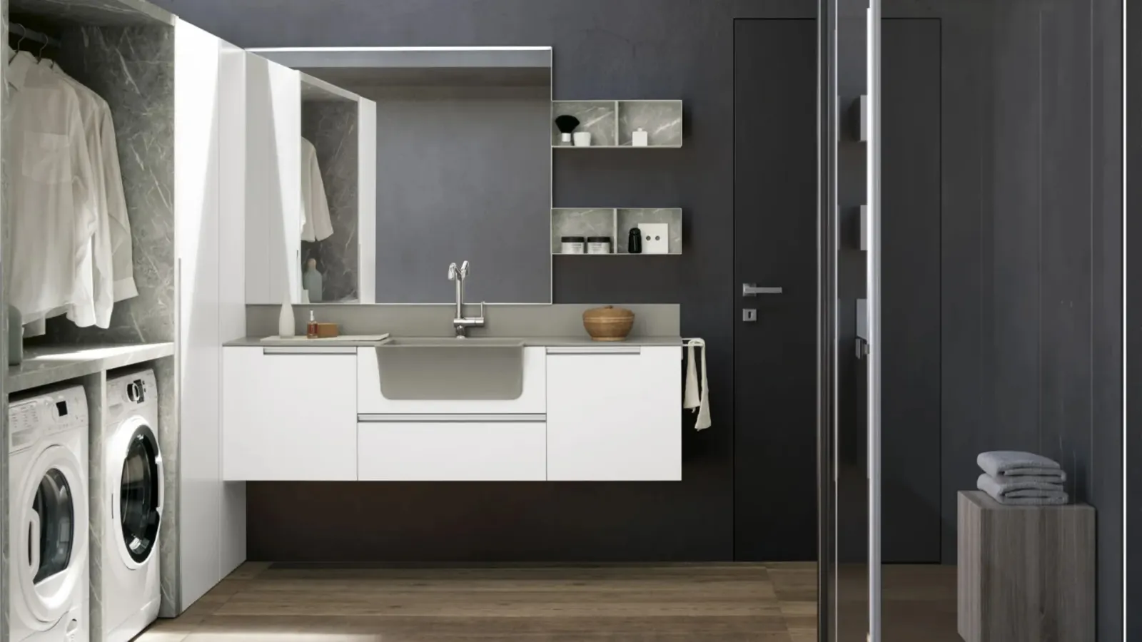 Mobile da Bagno in laccato Bianco e HPL Laundry 02 di Archeda