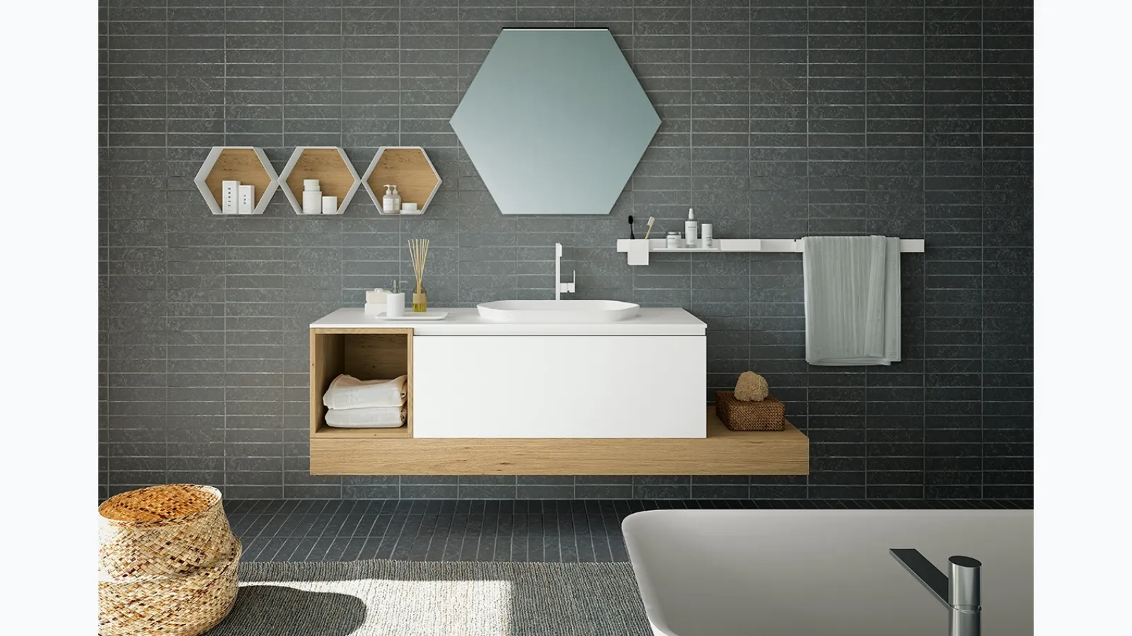 Mobile da Bagno sospeso in vetro acidato e Rovere Modulo 08 di Archeda