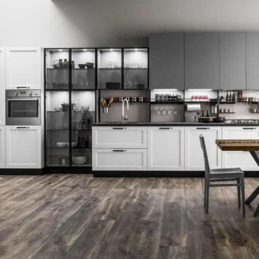 Cucina Moderna lineare Dallas 03 in PET Zucchero con Vetrine di Arrex